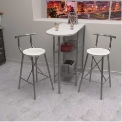 Mutfak Bar Masa Sandalye Takımı Oval Bar Sandalye 2 Kişilik Mutfak Masası Beyaz 1317
