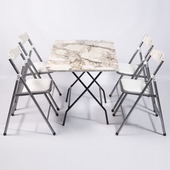 70x110 White Marble Patterned Folding Table and 4 Chairs Set 1128