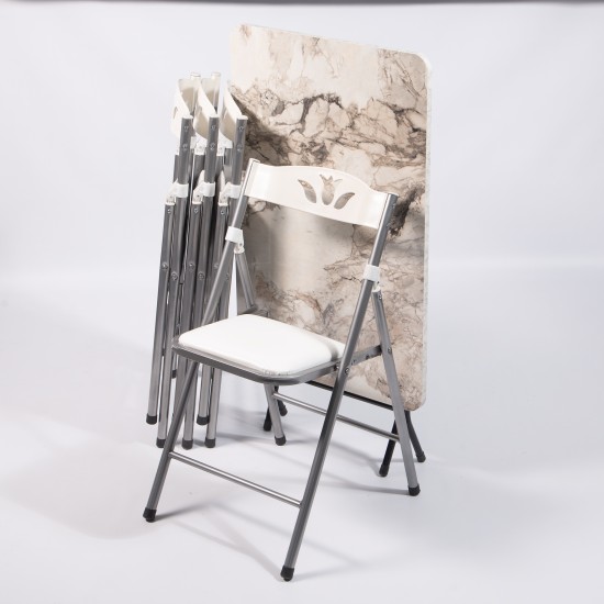 60x90 Beyaz Mermer Desenli Katlanır Masa ve 4 Adet Sandalye Seti 1129