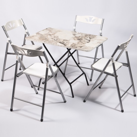 60x90 White Marble Patterned Folding Table and 4 Chairs Set 1129