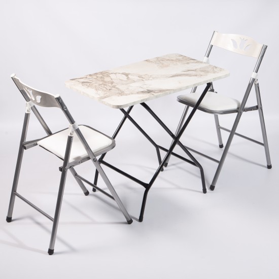 50x80 White Marble Patterned Folding Table and 2 Chairs Set 1130