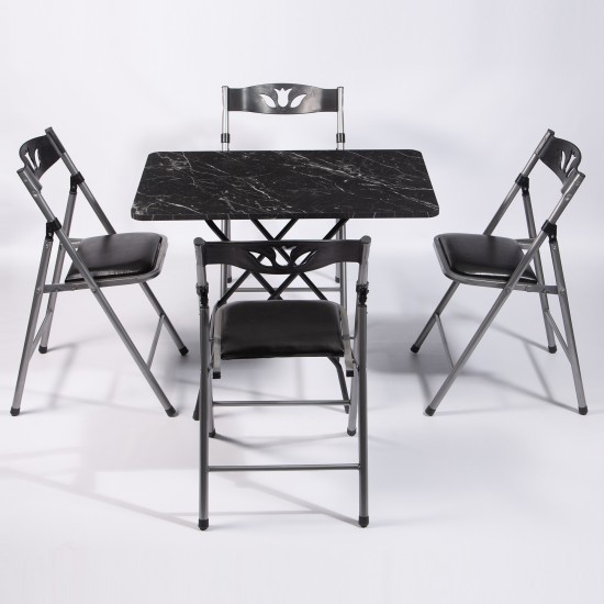 60x90 Siyah Mermer Desenli Katlanır Masa ve 4 Adet Sandalye Seti 1132