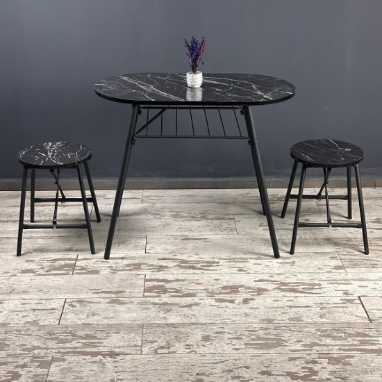 Table Chair Set Black Marble Patterned Oval Kitchen Table Stool Set Dining Table Balcony Table Set 1242