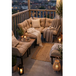 Bahçe Köşe Takımı Balkon ve Cafe Modüler Metal Köşe Koltuk Takımı Sehpalı Bej 1635