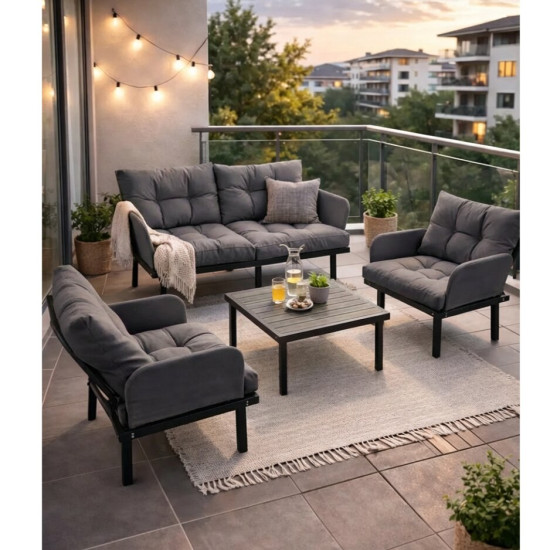 Bahçe Takımı Balkon ve Cafe Modüler Metal Koltuk Takımı 2+1+1 Sehpalı Füme 1636