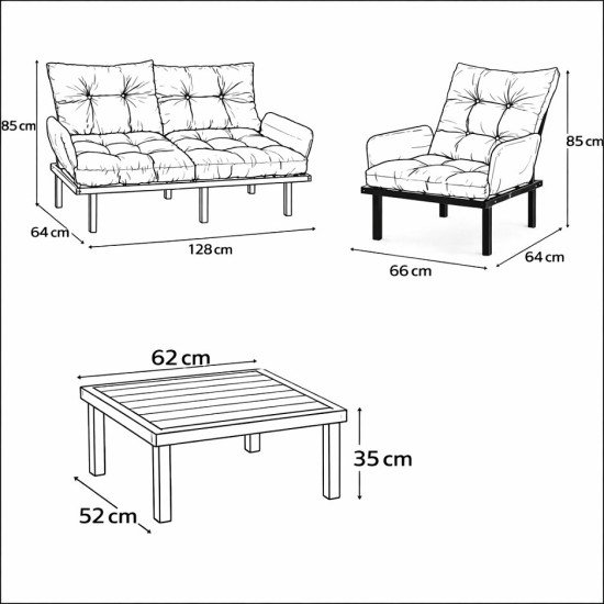 Bahçe Takımı Balkon ve Cafe Modüler Metal Koltuk Takımı 2+1+1 Sehpalı Füme 1636
