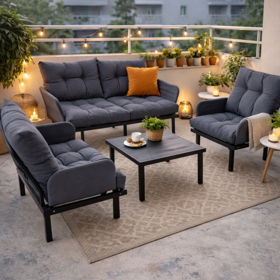 Bahçe Takımı Balkon ve Cafe Modüler Metal Koltuk Takımı 2+1+1 Sehpalı Füme 1636