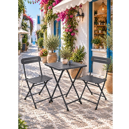 Katlanır Metal Balkon Bahçe Bistro Masa Sandalye Seti 2 Kişilik 1 Masa 2 Sandalye Füme 1647